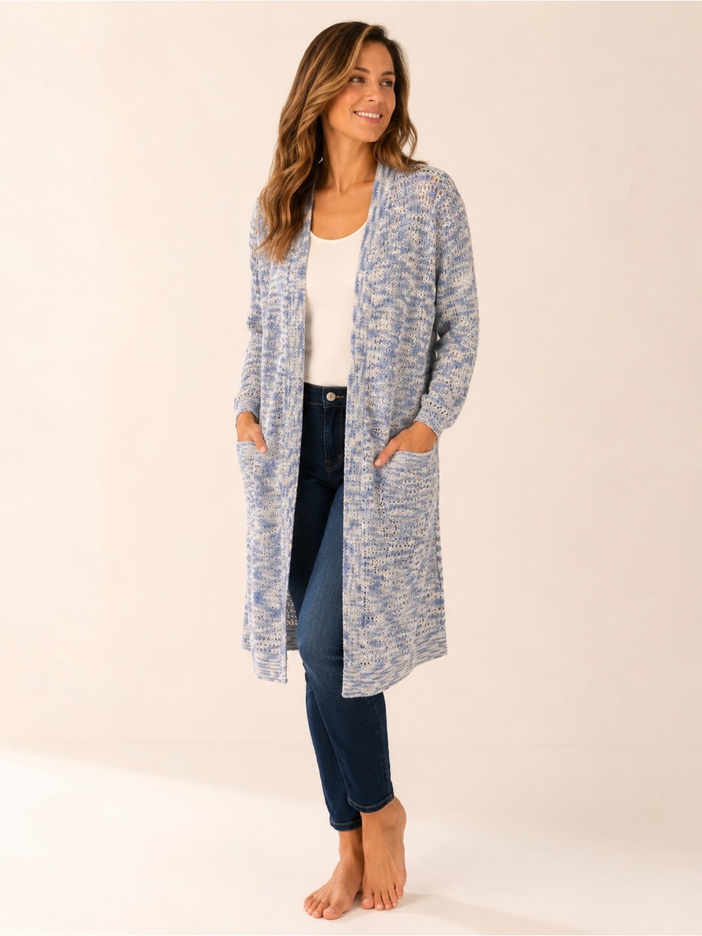 Lane Bryant Blue Marled Long Open-Front Cardigan